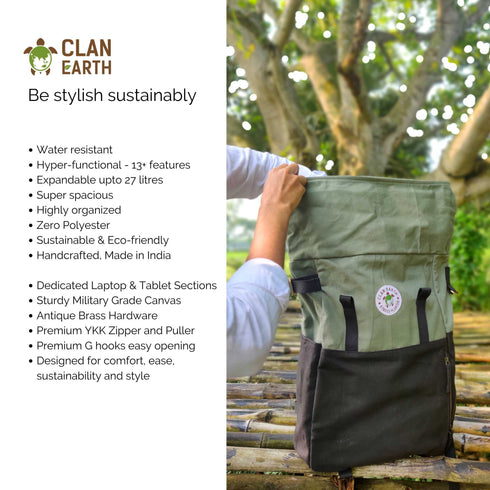 Pangolin Backpack - Sustainable Eco Canvas Hyper-Functional Rolltop Travel Backpack