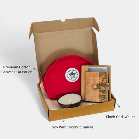 Uniquely Crafted and curated Eco Friendly Gift Hamper - Pika Premium Canvas Pouch | Finch Cork Wallet | Soy Wax Coconut Candle | Truly Vegan | Sustainable Gift Hamper