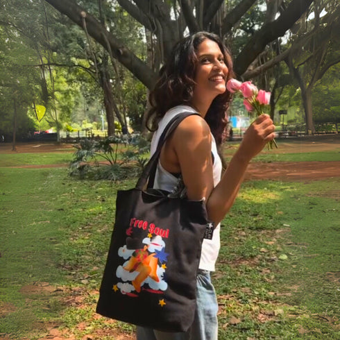 Free Soul Canvas Zipper Tote Bags - Black | Crafted in India | Zipped tote bag | DTF Print