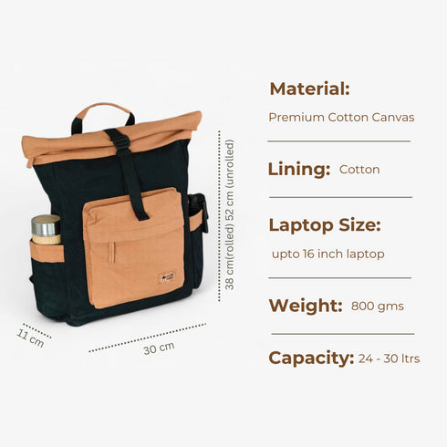 Armadillo Backpack - Charcoal Black - Water Resistant Canvas Flaptop Travel Backpack