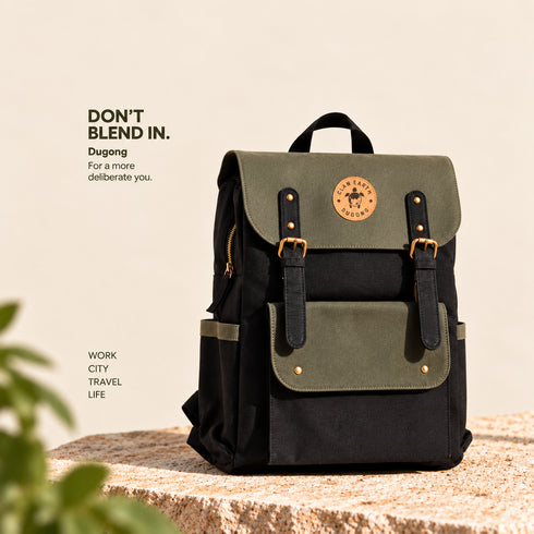 Dugong Backpack - Olive and Black - Canvas Daily/Office/City/Travel Sustainable Laptop Backpack