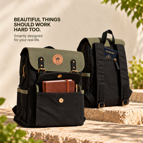 Dugong Backpack - Olive and Black - Canvas Daily/Office/City/Travel Sustainable Laptop Backpack