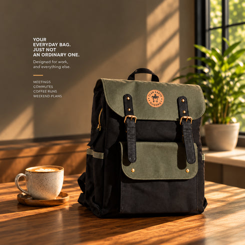 Dugong Backpack - Olive and Black - Canvas Daily/Office/City/Travel Sustainable Laptop Backpack
