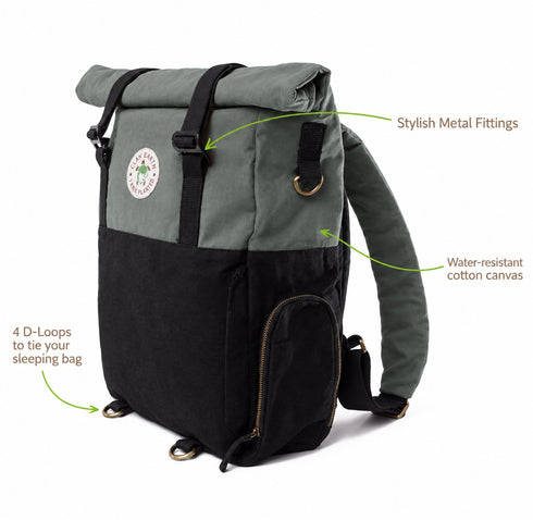 Pangolin Backpack - Water Resistant Canvas Rolltop Travel Backpack - Olive Green