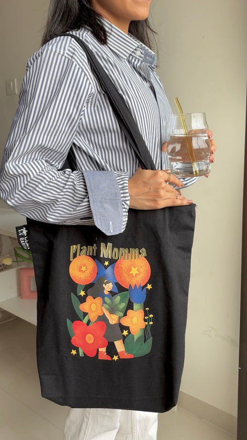 Plant Momma Canvas Zipper Tote Bags - Black | Crafted in India | Zipped tote bag | DTF Print