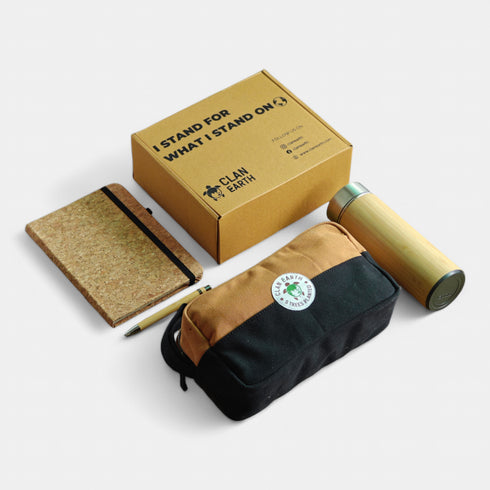 Employee Onboarding Sustainable Corporate Hamper | Premium canvas Dopp Kit | Cork Notebook and pen | Bamboo Bottle