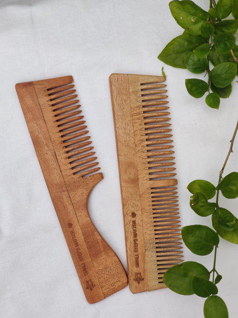 Neem Wood Comb - Wide and Narrow Spaced Teeth & Wide Teeth with Handle - Detangling & Styling - Combo Pack