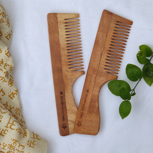 Neem Wood Comb - Wide Teeth with Handle - Detangling & Styling - Pack of 2
