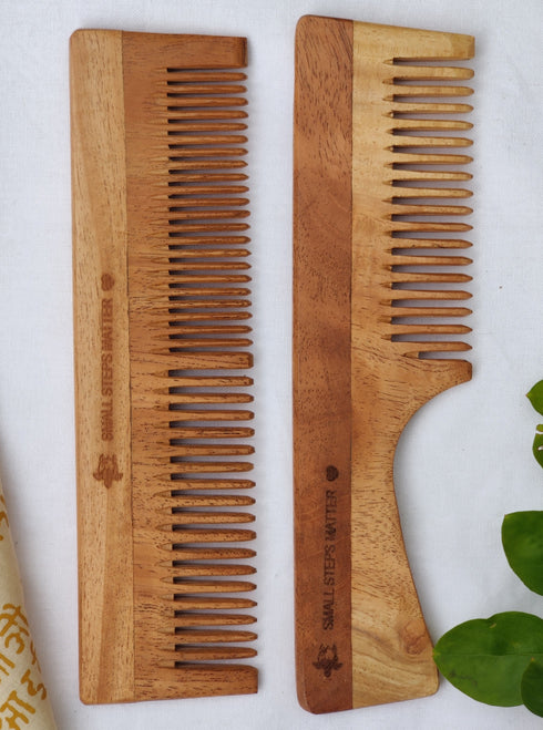 Neem Wood Comb - Wide and Narrow Spaced Teeth & Wide Teeth with Handle - Detangling & Styling - Combo Pack