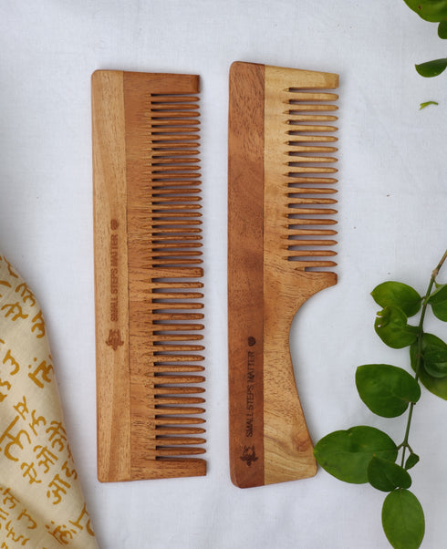 Neem Wood Comb - Wide and Narrow Spaced Teeth & Wide Teeth with Handle - Detangling & Styling - Combo Pack