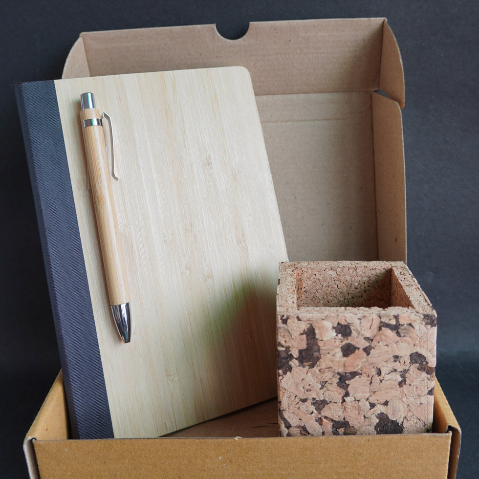 Basic Eco Stationery Gift Hamper - Bamboo Dairy - Pen - Cork Stand