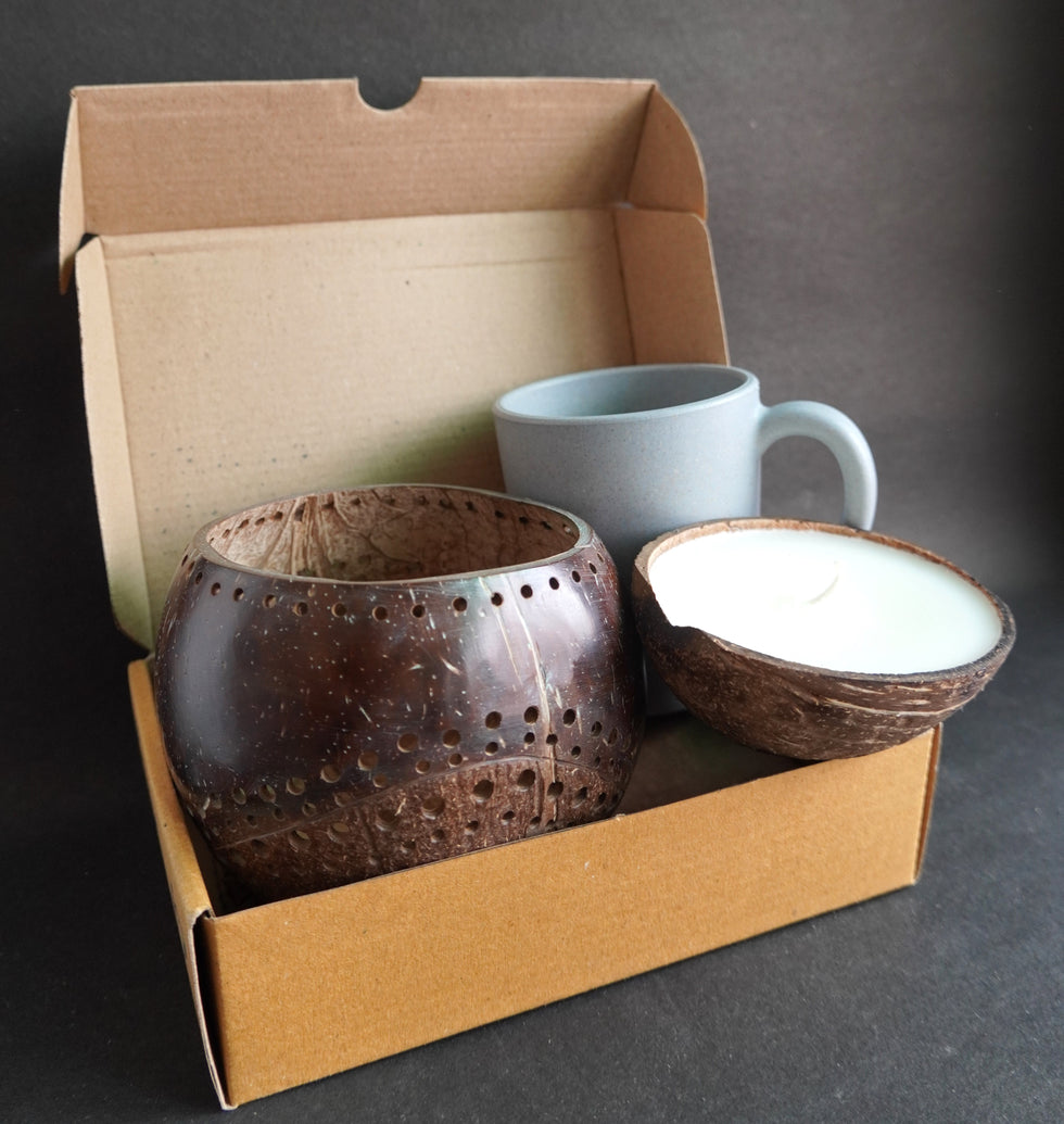 Celebratory Eco Sustainable Festive Gift Hamper - Coco Candle Set & Rice Mug image 1