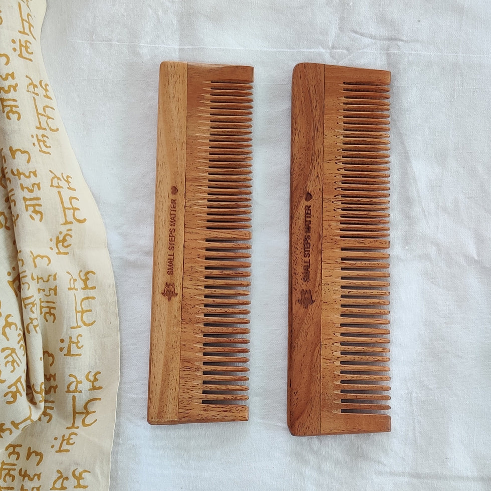 Neem Wood Comb - Wide and Narrow Spaced Teeth - Detangling & Styling - Pack of 2